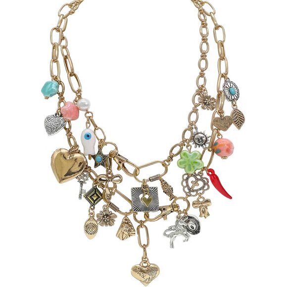 Vintage Zinc Chunky Heart Necklace with Ocean Sun Moon Stars Charm